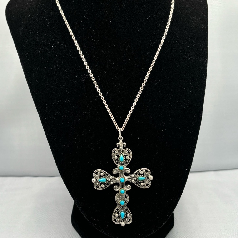 Silver and Turquoise Cross Pendant Necklace